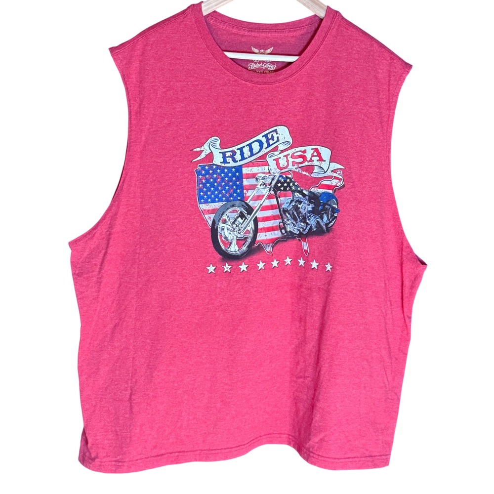 Faded Glory Mens Sleeveless Graphic T-Shirt Ride USA Motorcycle Flag Red 2XL